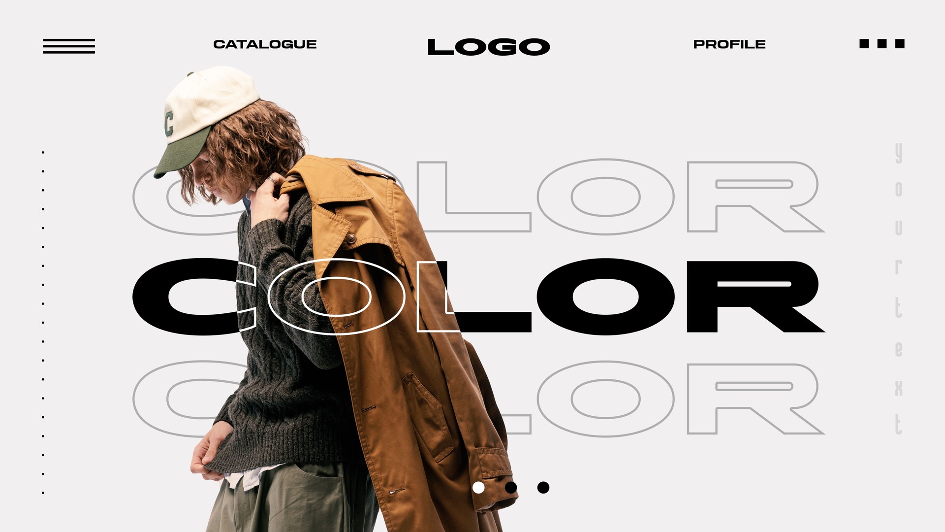 Minimalist web layout. Man in oversized brown trench coat, green sweater, cap, against monochrome background with interactive menu elements and typography